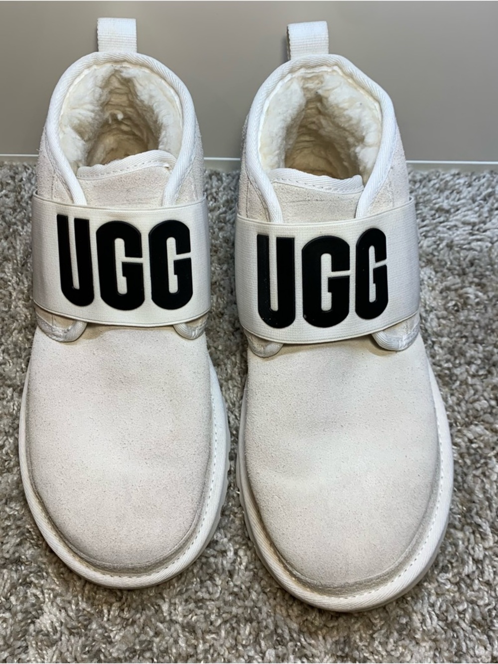 UGG White Slip-On Ankle Boots with Black Logo Strap